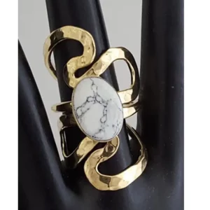 Semiprecious Stone Hammered Art Nouveau Golden Bronze Rings