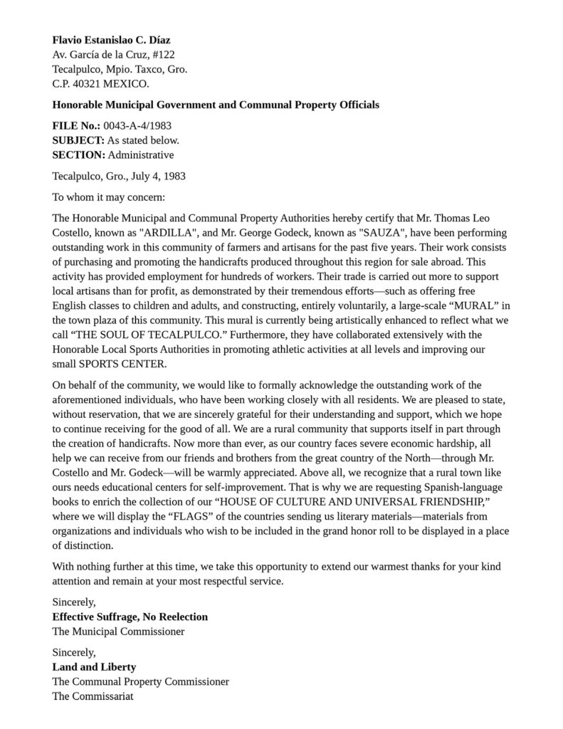 Costello International - Tecalpulco, Mexico -Appreciation Letter (July 4th, 1983) - English Version