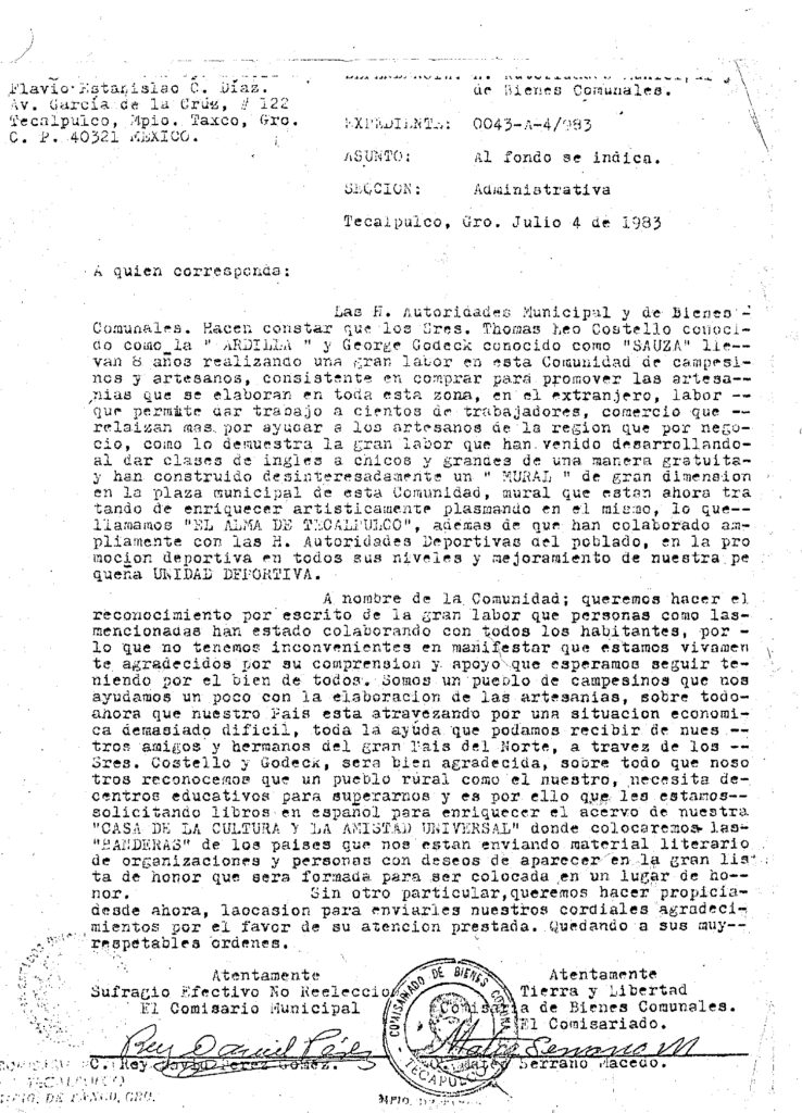 Costello International - Tecalpulco, Mexico -Appreciation Letter (July 4th, 1983)