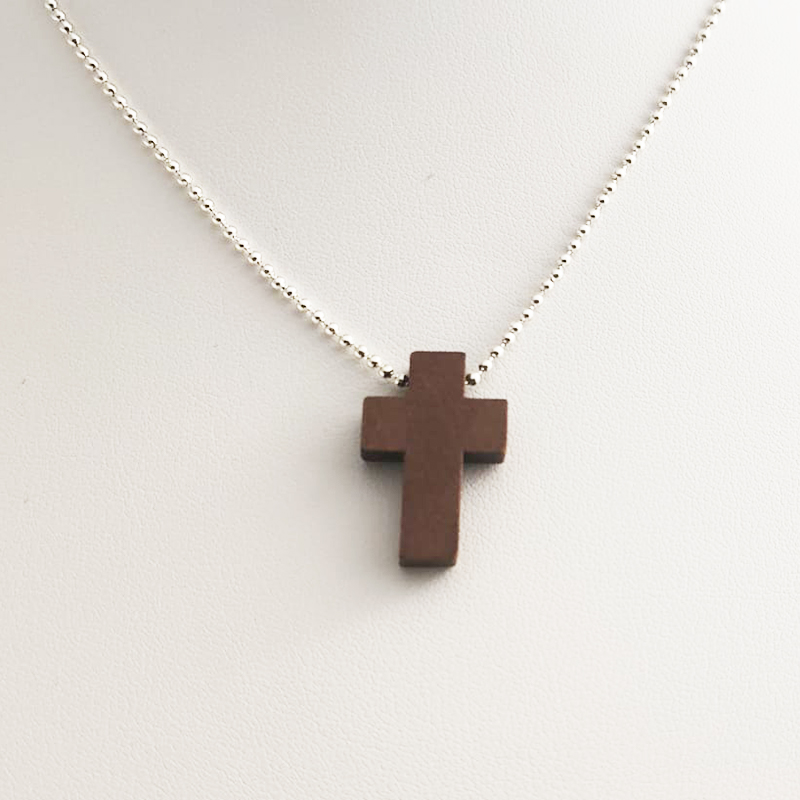 Caoba Wood Cross on 19 Inch Silver Ball Chain
