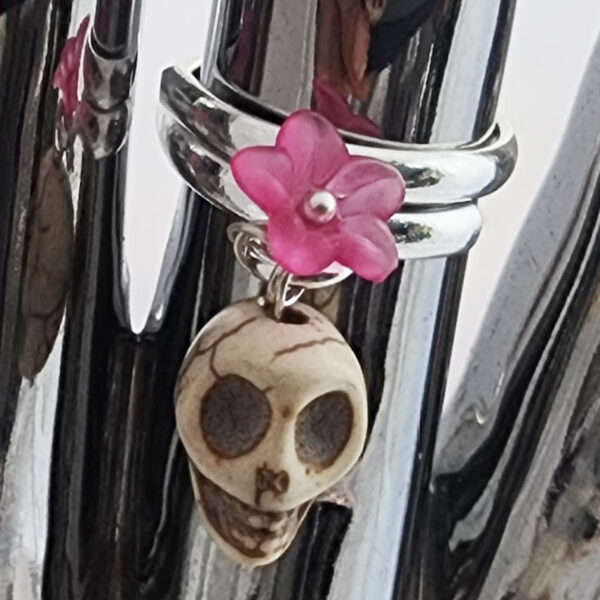 Day of the Dead Flower & Skull Silver Adjustable Rings