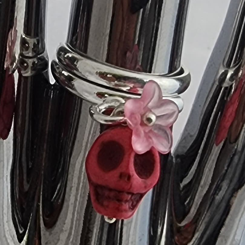 Flower & Skull Silver Adjustable Rings - Image 2