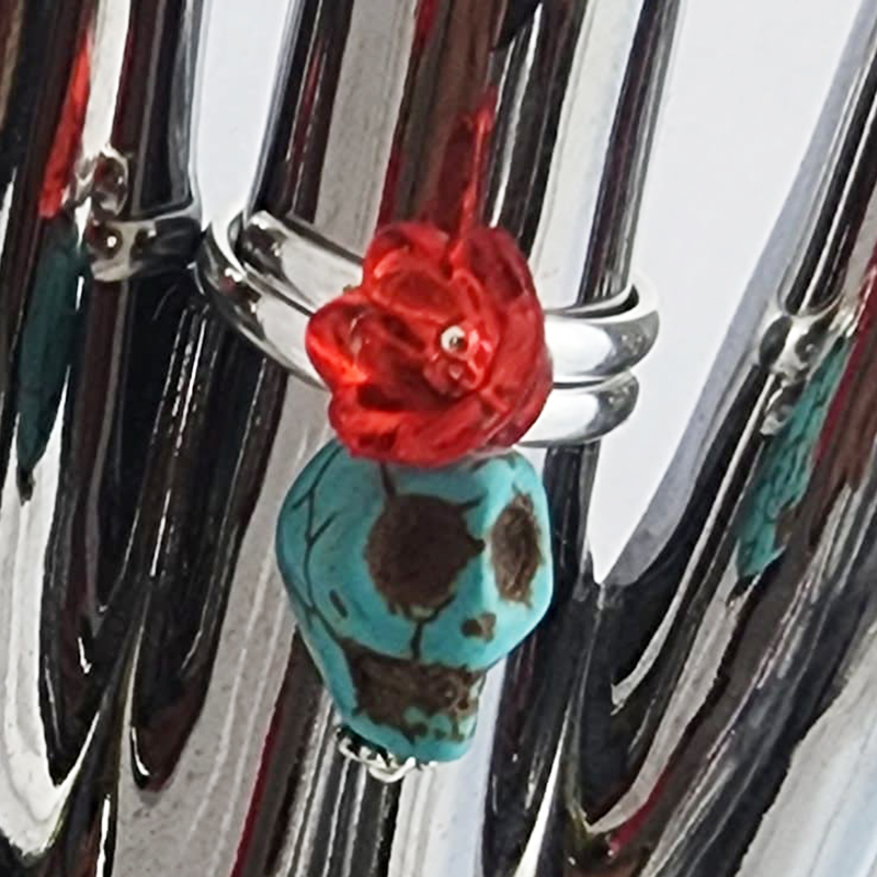 Flower & Skull Silver Adjustable Rings - Image 5