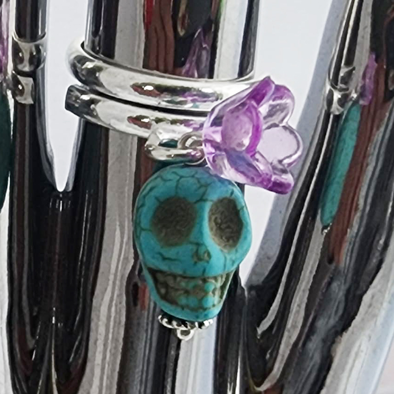 Flower & Skull Silver Adjustable Rings - Image 8